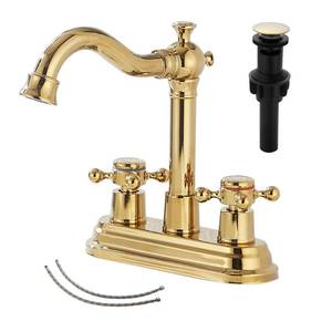 lot 3274 image: Bathroom Faucet Polished Gold GGStudy 2 Handles 4 Inches Centerset Bathroom Vanity with Drain Assembly and Supply Hose Lavatory Faucet Mixer Double Handle Tap