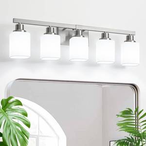 lot 3275 image: DIKAIDA 5-Light Bathroom Vanity Light,Brushed Nickel Vanity Lights with Square Frosted Glass,Modern Bathroom Wall Lights Fixtures Over Mirror,Wall Sconces Lighting for Bedroom Living Room,E26