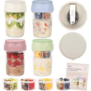 lot 3276 image: SOLIGT 4 Pack Overnight Oats Containers with Lids, Folding Spoons and Divided Compartments for Fruit and Nuts, Small Glass 16oz Mason Jars for Oatmeal (4 Set-Oat WhiteGreenRoseBlue)