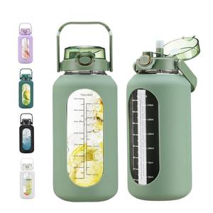 lot 4147 image: chunmo 74 oz Glass Water Bolttles with Straw Large Motivational Water Bottle with Time Marker Sports Water Bottles with Silicone Sleeve and Handle Lid 2.2L Water Jug for Gym Workout