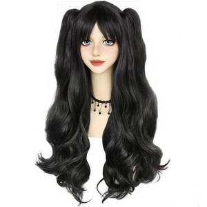 lot 4148 image: ANOGOL Hair Cap Black Pigtail Wigs Clip-on Double Pigtails Wig Long Black Cosplay Wigs for Women Lolita 2 Ponytails with Clips Synthetic Hair for Halloween Costume Party