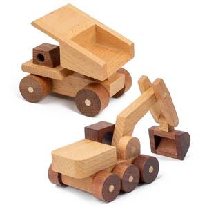 lot 4163 image: kienvy Wooden Toy Cars for 3 Year Old Boys and Girls - Construction Vehicles Set Push Toys for Toddlers, Wood Montessori Car with Rolling Wheels, Natural Wood Toys (Excavator and Dump Truck)