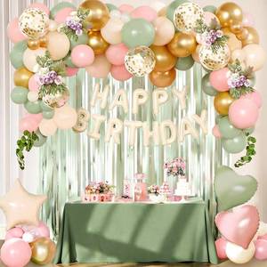 lot 4177 image: Pink and Sage Green Birthday Decorations for Women Girls, Pink Green Sand White Metallic Gold Balloons Confetti Foil Balloons Happy Birthday Banner Fringe Curtains for Happy Birthday Party Supplies