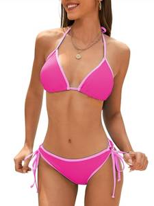 lot 4210 image: Women String Triangle Bikini Set 2 Piece Swimsuit Halter Top Two Piece Bathing Suit Cheeky Swim Suit Color Block Swimwear Pink Color Block XS