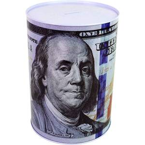 lot 4216 image: $100 Dollar Bill Piggy Bank 5 78in Tall Coin Saving Money Currency Benjamin Franklin Tin Can Banknote Jar (1 Pack, 5 78in X 4in)