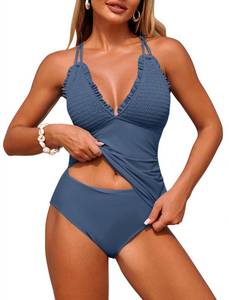 lot 4222 image: ZAFUL Womens Tankini Bathing Suits Modest Two Piece Swimsuit Smocked Push Up Slimming Tankinis with High Waisted Full Coverage Bottom Sexy Retro Adjustable Straps Ruched Tummy Control Swimwear Blue L