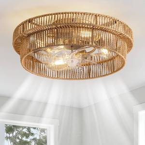 lot 5180 image: DARYEWO Rattan Boho Ceiling Fan with Light Flush Mount, 20 Inch Caged Ceiling Fans with Light and Remote Control, Low Profile Enclosed 6 Speeds for Bedroom, Nursery, Living Room, E26 Base (Brown)