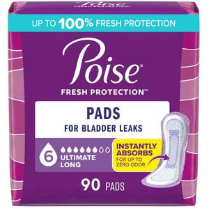 lot 5224 image: Poise Incontinence Pads for Women - Ultimate Absorbency - 6 Drop - Long - 90ct