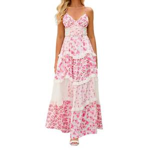lot 6071 image: ABYOVRT Women Floral Maxi Dress Spaghetti Straps V Neck Patchwork Flowy Boho Sundress Tiered Long Dresses (Pink,L)