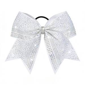 lot 6075 image: 8in Large Glitter Cheer Bows,Rhinestones Cheer Hair Bow, Cheerleading Bow with Ponytail Holders,Colorful Shimmer Shiny Hair Tie,Elastic Hair Band for Cheerleaders College Sports (White)