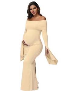 lot 6080 image: JustVH Womenfts Maternity Long Sleeve Off Shoulder Pregnancy Photography Dress for Baby Shower Photoshoot Party Beige