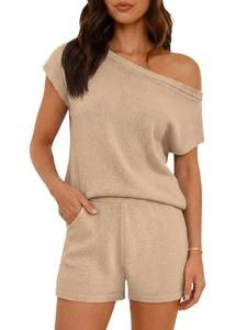 lot 6117 image: Tankaneo Womens Off The Shoulder 2 Piece Outfits Sweater Sets Shorts Casual Matching Lounge Sets 2025 size M