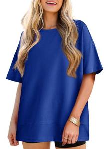 lot 6121 image: Tankaneo Womens Oversized Knit Tunic Tops Summer Casual Short Sleeve Round Neck T Shirt Loose Fit Side Split Waffle Tees Blue size M