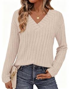 lot 6122 image: PRETTYGARDEN Fall Fashion 2026 Long Sleeve Shirts for Women Ribbed Knit V Neck Dressy Casual Lightweight Sweaters Tunic Tops (Beige,Small) size small
