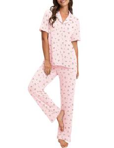 lot 6145 image: Bloggerlove 100percent Cotton Pajamas for Women Set 2 Piece Short Sleeve Womenfts Sleepwear with Long Pant Button Down Lounge Set size M