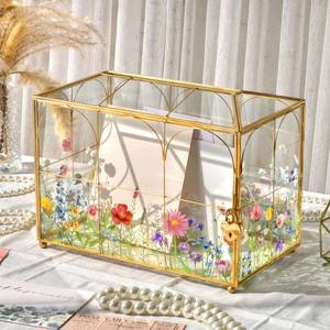 lot 11204 image: AerWo Glass Wedding Card Box with Lock, Gold Rim Gift Card Box for Wedding with Flower Patterns, Clear Wedding Card Boxes for Reception Memory Money Box for Graduation Baby Shower Birthday Party Decor