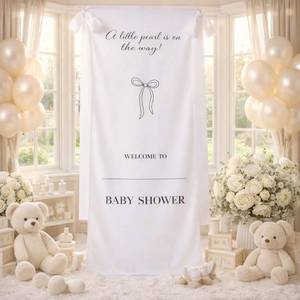 lot 12262 image: HunnmingRe 60in x 24in Fabric Baby Shower Welcome Sign a Little Pearl Is on the Way Large Welcome Display Stand Decoration with Bow Ribbon for Garden Ceremony Lawn Outdoor Indoor(White)
