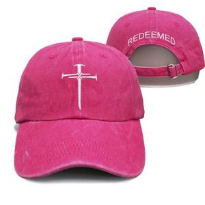 lot 12269 image: Giavuwn Christian Redeemed Cross Nails Hats for Men Women, Vintage Adjustable Cotton Embroidered Front and Back Baseball Cap, Gift for Christian-Pinke