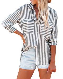 lot 12277 image: OMSJ Womenfts Striped Button Down Shirts Casual Long Sleeve Stylish V Neck Blouses Tops with Pockets (XXL, Black)