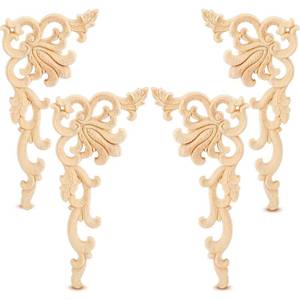 lot 12278 image: Yulejo 4 Pcs Wood Appliques and Onlays for Furniture, Unfinished Wooden Appliques Corner Trim, Decorative Wood Carved Applique DIY Paintable Decorative Molding for Cabinet Door Mirror Bed Wardrobe