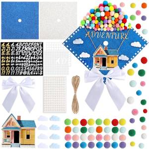 lot 12283 image: 83 Pcs Graduation Cap Decorations Kit Adventure House Cutout Mini Pom Poms Glitter Alphabet Letter Number Decals Felt Clouds for Kindergarten Preschool DIY Grad Hat Topper Graduation Party Supplies