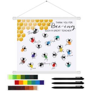 lot 12303 image: Spakon End of Year Teacher Appreciation Gifts Fingerprint Tree Hanging Poster with 3 Pens 21 Colors Ink Pad Thumb Prints Graduation Group Signature Decorations(Bee)