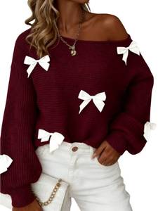 lot 12377 image: Verdusa Womenfts Off Shoulder Sweater Coquette Bow Long Sleeve Fall Sweaters Clothes Cozy Knit Tops Burgundy Medium
