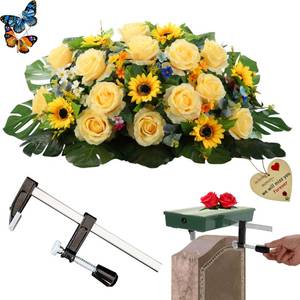lot 13540 image: Headstone Saddle Flowers for Cemetery Grave Decor - with Strong Base,Artificial Yellow Rose and Sunflower,for Memorial Day,Veterans Gravesite,Never Blown AwayAll-Weather Tribute for Your Loved Ones