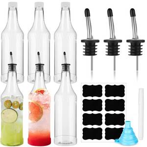 lot 13548 image: Dandat 12 Pieces 32 oz Plastic Long Neck Bottles with Pourer and Caps Plastic Juice Pour Bottles with Stainless Steel Pourers Tapered Spout for Liquor (Silver Bottle Pourer)