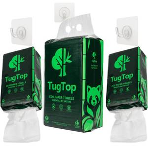 lot 13572 image: TugTop Eco Paper Towels (3 Pack, 900 Sheets  3 Hooks)  Portable Hanging Bag Dispenser, Bamboo and Wood Blend for Car, Camping, RV, Garage, Indoors and Outdoors