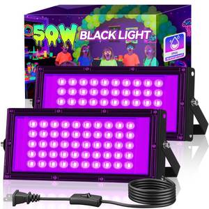 lot 14269 image: 2 Pack 50W LED Black Light, Blacklight Flood Light for Glow Party IP66 Waterproof, Outdoor Black Lights with SwitchandPlug for Halloween, Glow in The Dark, Neon Party, Fluorescent Poster, Birthday
