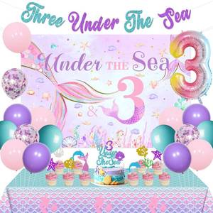 lot 14274 image: Three Under the Sea Party Decorations Banner Glitter Mermaid 3rd Birthday Backdrop Tablecloth Number 3 Foil Balloon Blue Purple Cake Cupcake Topper for Girls Sea Little Mermaid 3rd Birthday Decor