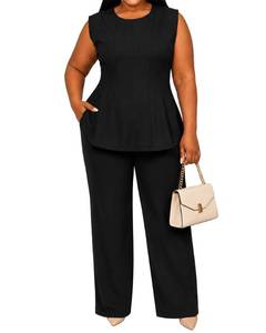 lot 14280 image: Plus Size Black Pants Suits for Women Dressy 2 Piece Business Casual Outfits Sleeveless Tanks Wide Leg Pants Pantsuit Pants Sets Black 4X