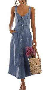 lot 14306 image: ebossy Stretchy Smocked Denim Dress for Women Sleeveless Babydoll Button Down Midi Long Jean Dresses (L, Light Blue)