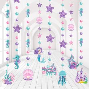 lot 14310 image: Cindeer 8 Pcs Mermaid Birthday Party Decorations Summer Under The Sea Garlands Ocean Castle Hanging Banner Pearl Jellyfish Starfish Ceiling Streamers for Kids Girls Baby Shower Wedding Party Supplies