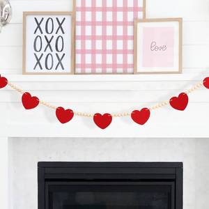 lot 14341 image: Valentinefts Day Decoration, Red Felt Heart Wood Bead Garland for Tiered Tray Hanging Felt Banner for Home Farmhouse Office Wall Fireplace Mantel Shelf Proposal Wedding Party Decor, 50 Inch