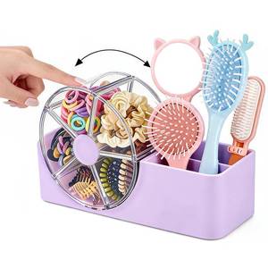lot 14374 image: Hair Accessories Organizer for Girls, 2-Slot Hair Brush Holder and 5-Section Rotating Wheel, Cute Makeup Brush Holder for Hair Tile, Clip, Makeup Brush, Earring, Ring, Kids Vanity Accessories (Lavender)