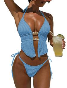 lot 14379 image: ZAFUL Halter Bikini Sets for Women Textured Backless Two Piece Swimsuit Cheeky High Cut String Tie Side Bathing Suits 0-Baby Blue M