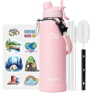 lot 14387 image: Swigina 2-IN-1 LID Insulated Water Bottle with Silicone Boot (36hrs Cold18hrs Hot) - DIY Stickers, Leakproof, BPA Free, 40 oz