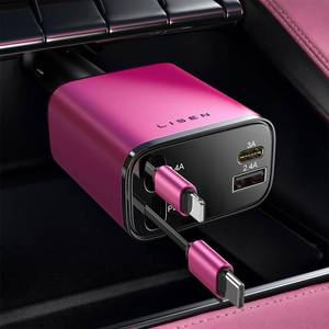 lot 14390 image: LISEN Retractable Car Charger, 84W Car Charger USB C Fast Charger Adapter, Car Accessories for Men Women, Gifts for Fathers Day for Men Dad Husband, for iPhone 17 16 15 14 13 12 Pro Max, Pink-Black
