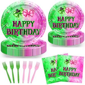 lot 18307 image: Avezano 96 PCS Pink and Green Party Decorations Witch Bow Plates Tableware Girls Women Witch and Princess Birthday Party Supplies, Serves 24