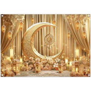 lot 18309 image: ZTHMOE Fabric 7x5ft Eid Ramadan Mubarak Photography Backdrop Golden Floral Moon Lantern Background Kids Adults Party Decoration Festival Photo Banner Booth