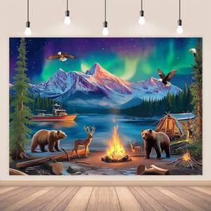 lot 18311 image: AIBIIN 7x5ft Polar Animals Arctic Adventure Photography Backdrop Aurora Snow Mountain Campfire Camping Background Kids Adults Party Decorations Photo Banner Booth