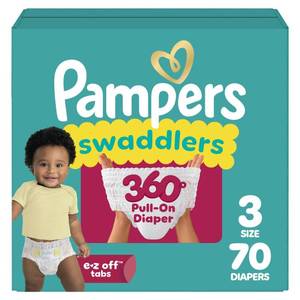 lot 19846 image: Pampers Diapers - Swaddlers 360° - Size 3, 70 Count, up to 100percent Leakproof Comfy Dry Fit, Designed for Easy Changes, Pull On Baby Diaper (Packaging May Vary)
