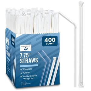 lot 19852 image: Clear Plastic Straws, Disposable - 400 Bendy Drinking Straws - 7.75in and Individually Wrapped - for Smoothies, Coffee, Alcohol, Juice, and More