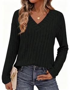 lot 20303 image: PRETTYGARDEN Fall Fashion 2026 Long Sleeve Shirts for Women Ribbed Knit V Neck Dressy Casual Lightweight Sweaters Tunic Tops (Black,Large)