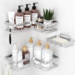 lot 20339 image: Sakugi Corner Shower Caddy - 3-Pack Shower Organizer with Soap Holder and Built-In Hooks, Rustproof Metal Shower Shelves, Laundry, Kitchen, Bathroom Organizers and Storage Solution, Large, Silver
