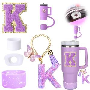 lot 20355 image: Mity rain 6PCS Cup Accessories Set for Stanley Cup 30oz 40oz tumbler with handle, Including Silicone Straw Topper Cover Cap and Boot, Spill Proof Stopper, Handle Charm, Initials Sticker (Letter K)