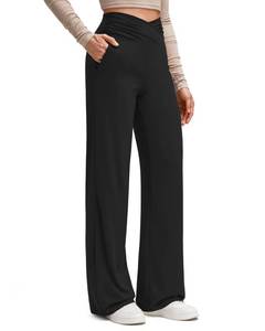 lot 20378 image: G4Free Womenfts Wide Leg Pants with Pockets Comfy Crossover High Waist Soft Breathable Dressy Casual Yoga Trousers(Black,XL,29in)