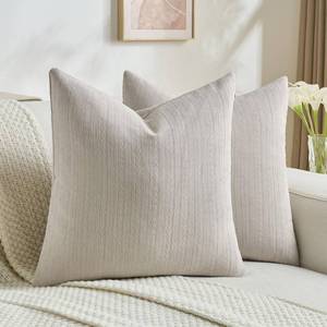 lot 20391 image: FUTEI Pack of 2 Solid Chenille Throw Pillow Covers 18x18 Inch Soft Cozy Wheat Ear Striped Textured Decorative Cushion Cases Modern Farmhouse Accent for Couch Bed Living Room, Oatmeal